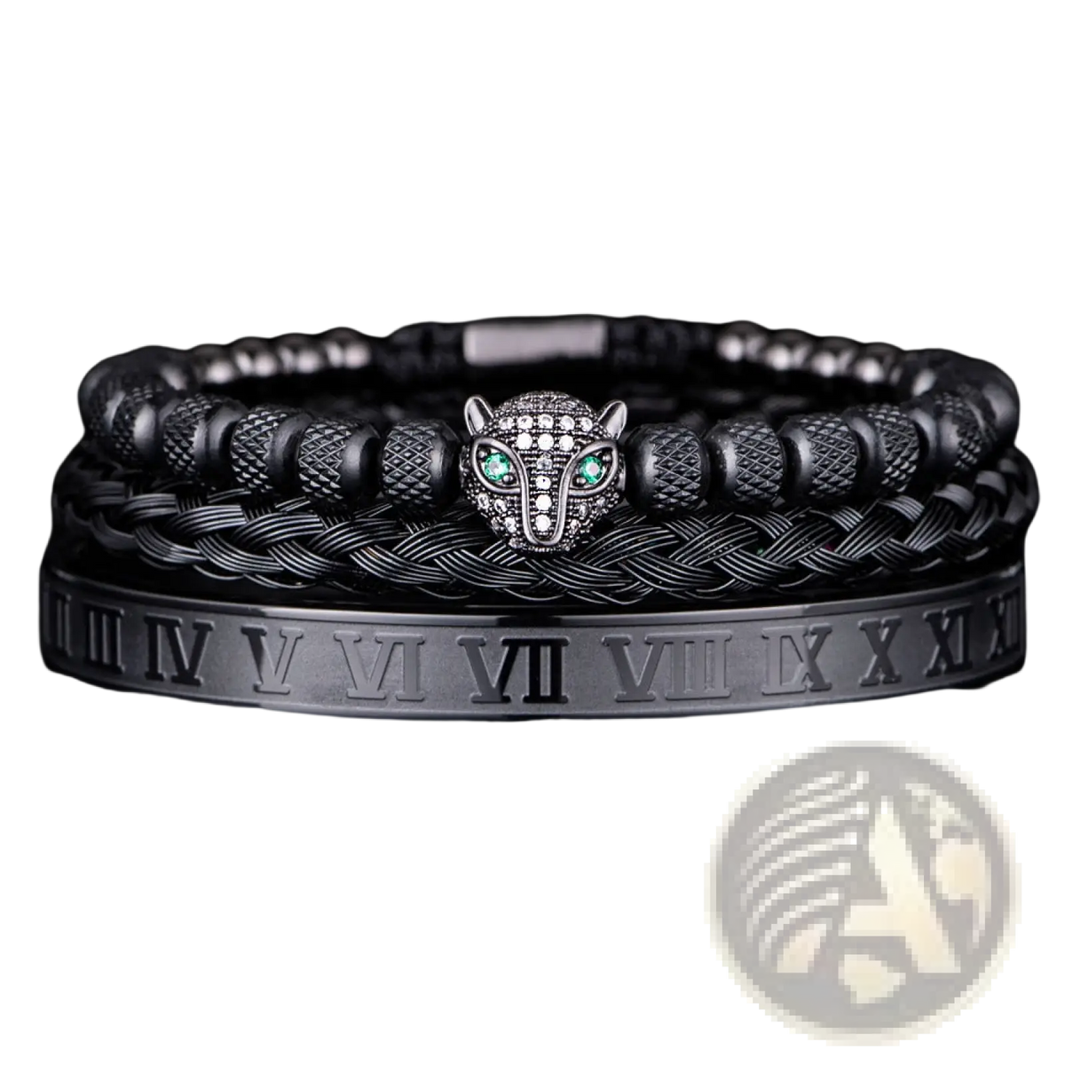 Roman Numeral Leopard Head Braided Leather Bracelet Set