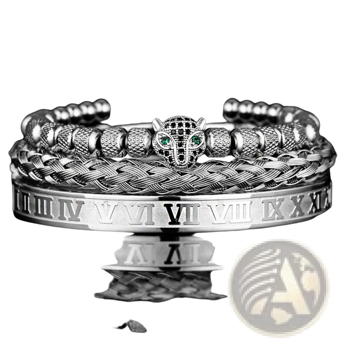 Roman Numeral Leopard Head Braided Leather Bracelet Set