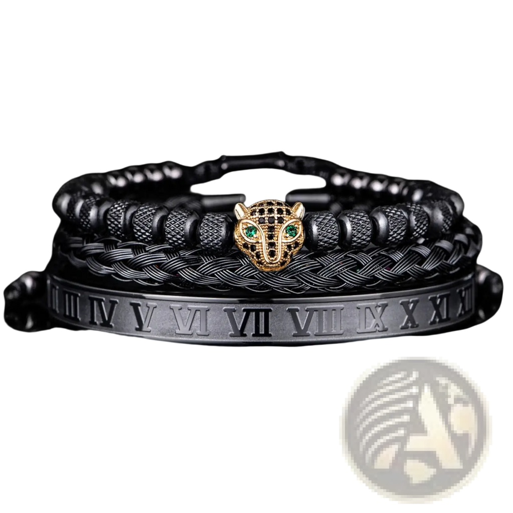 Roman Numeral Leopard Head Braided Leather Bracelet Set