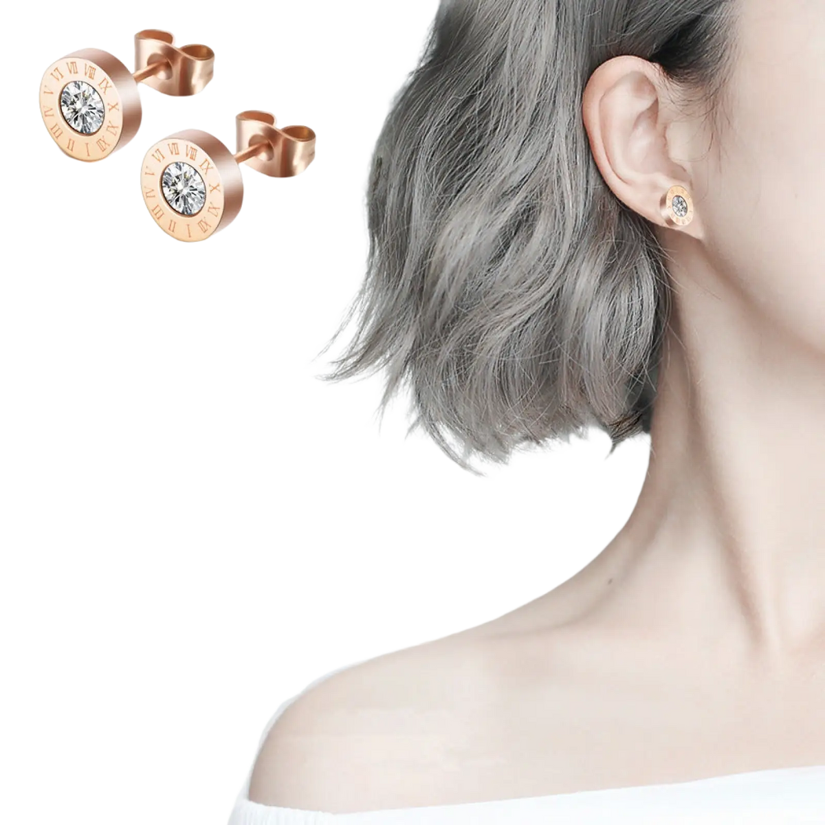 Rose Gold Roman Numeral Diamond Stud Earring Set