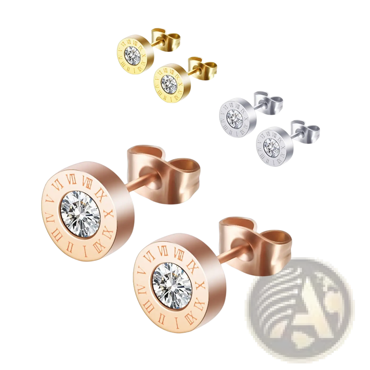 Rose Gold Roman Numeral Diamond Stud Earring Set