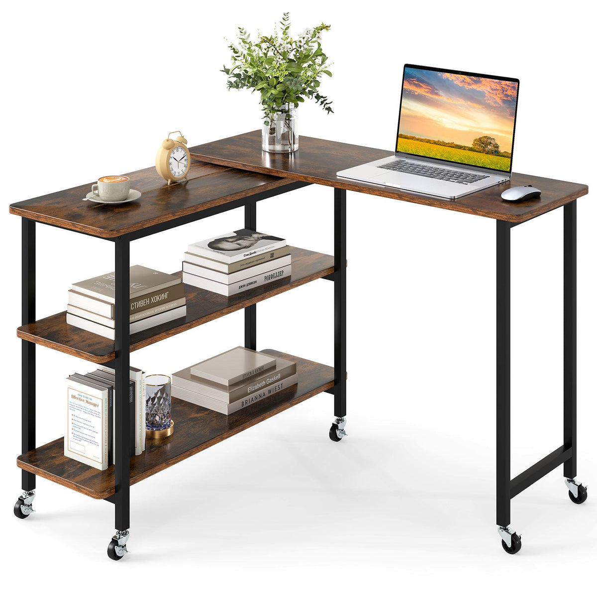 360° Rotating Sofa Side Table with Storage Shelves and Wheels