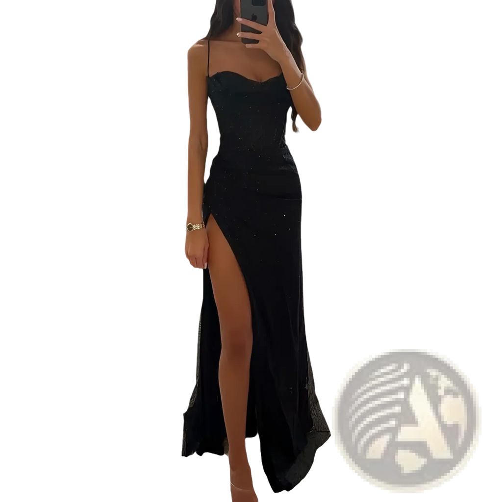 Sequined v Neck High Slit Evening Gown