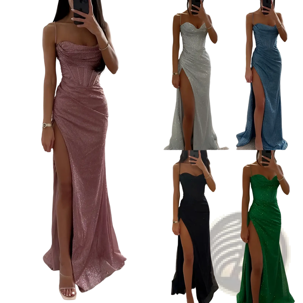 Sequined v Neck High Slit Evening Gown