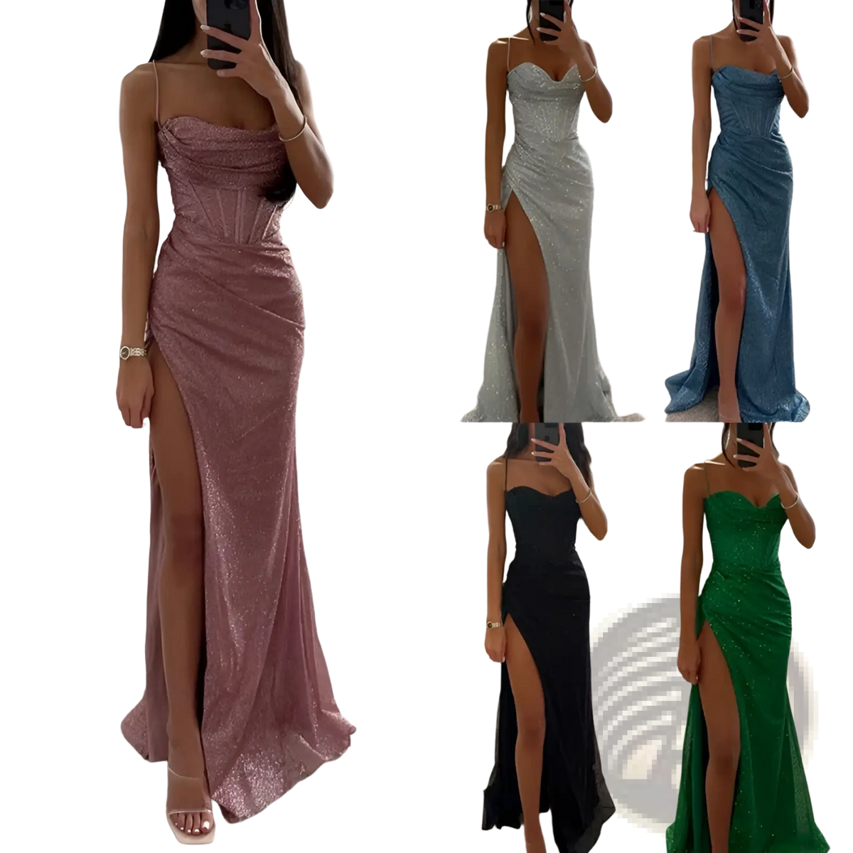 Sequined v Neck High Slit Evening Gown