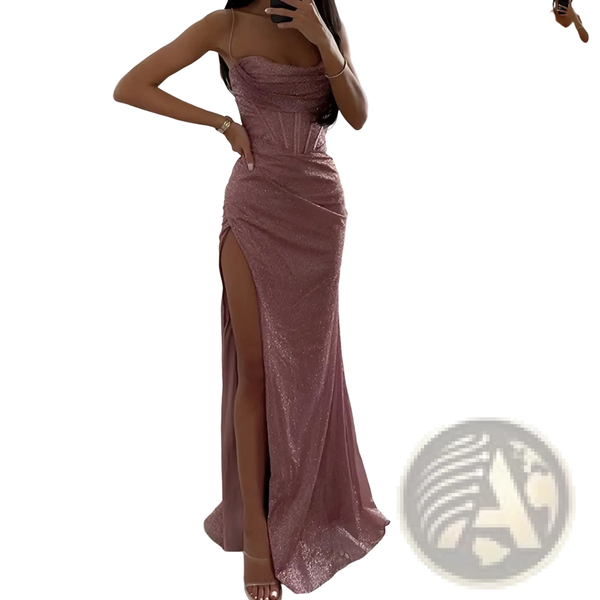Sequined v Neck High Slit Evening Gown