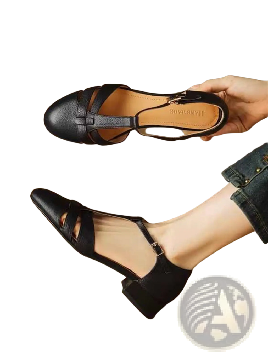 Sheepskin Leather T-strap Low Block Heel Sandals