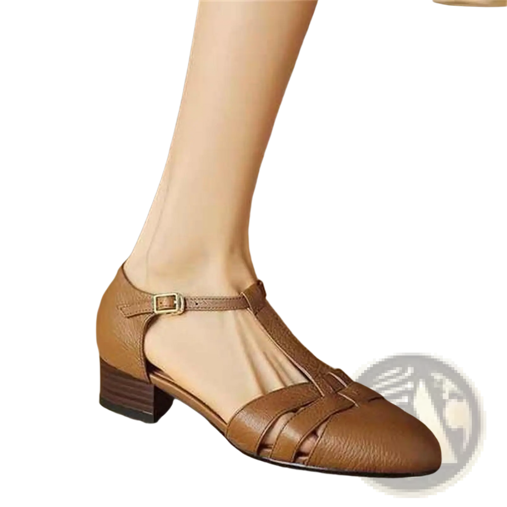 Sheepskin Leather T-strap Low Block Heel Sandals