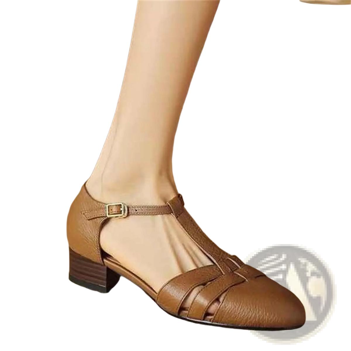 Sheepskin Leather T-strap Low Block Heel Sandals