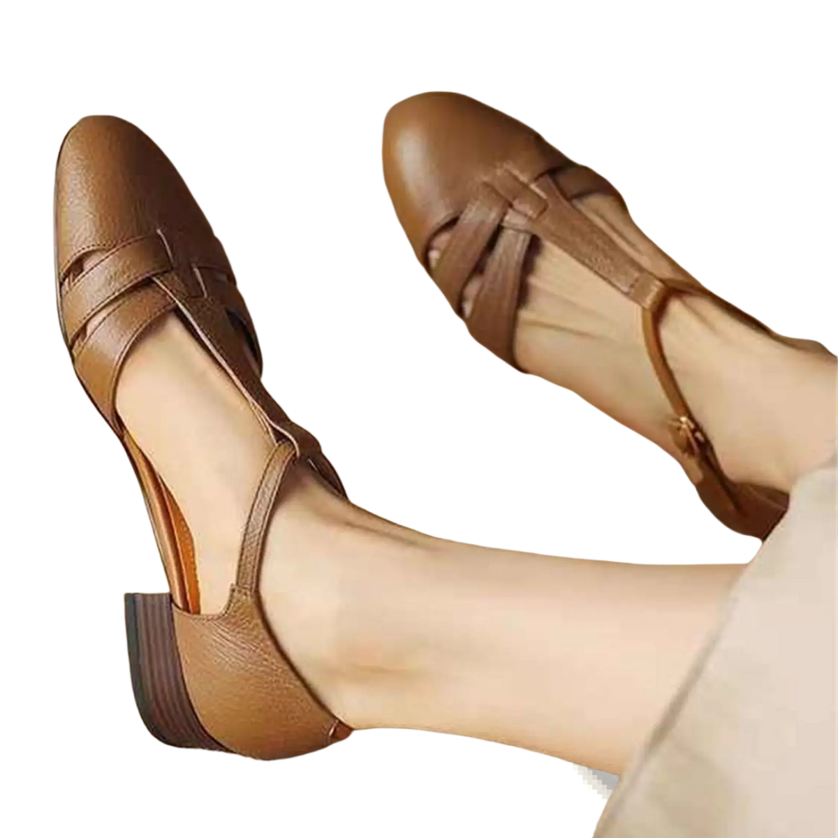 Sheepskin Leather T-strap Low Block Heel Sandals