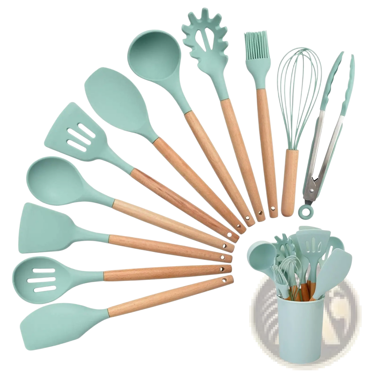 Silicone Cooking Utensil Set 11pc with Wood Handles