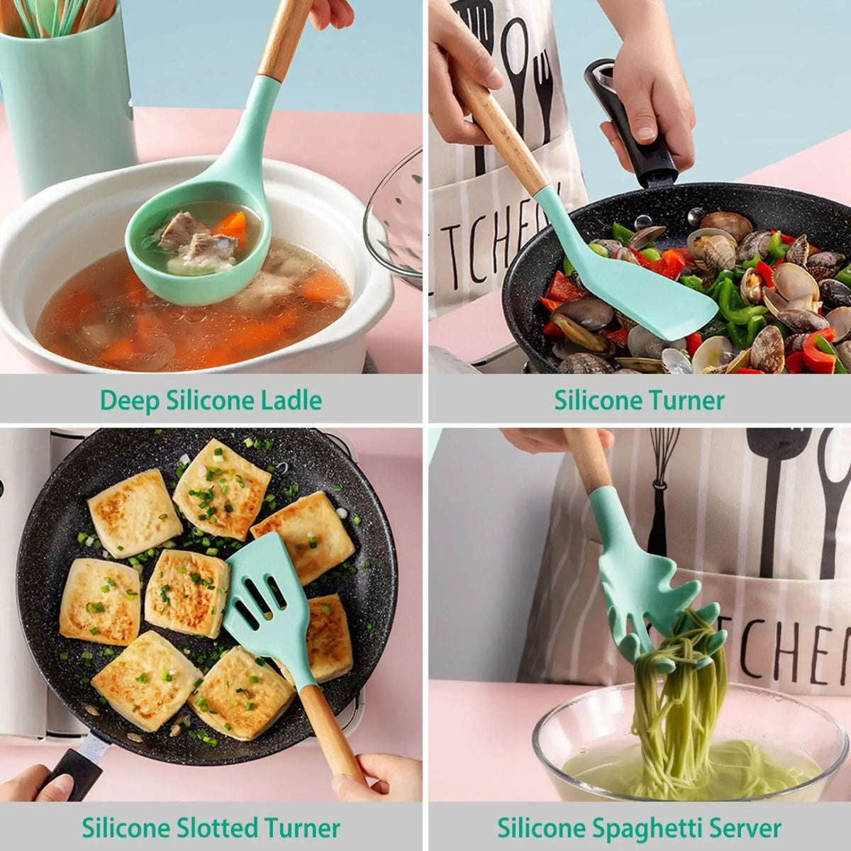 Silicone Cooking Utensil Set 11pc with Wood Handles