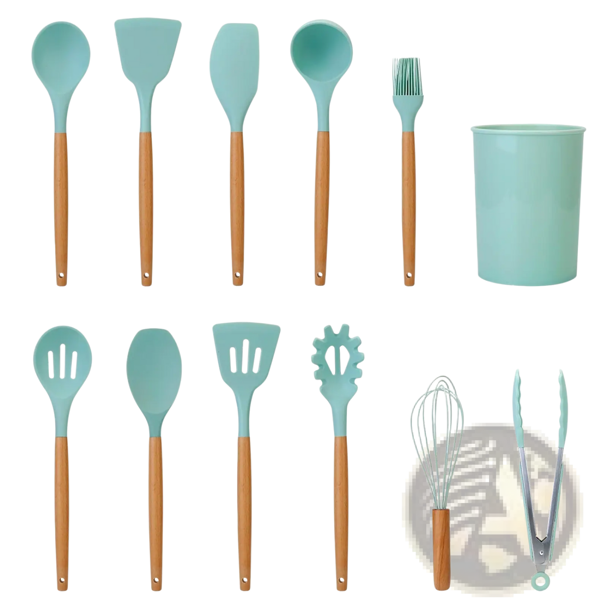 Silicone Cooking Utensil Set 11pc with Wood Handles