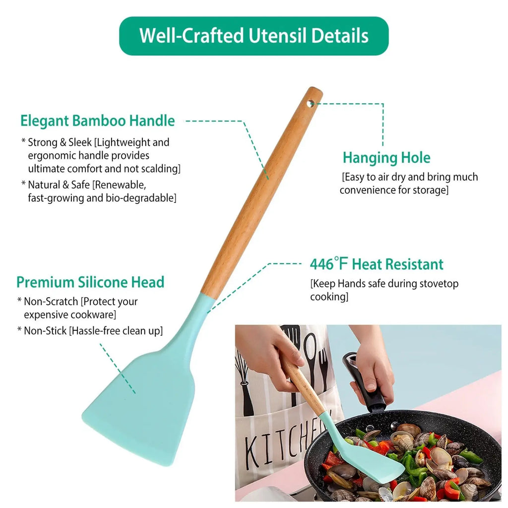 Silicone Cooking Utensil Set 11pc with Wood Handles