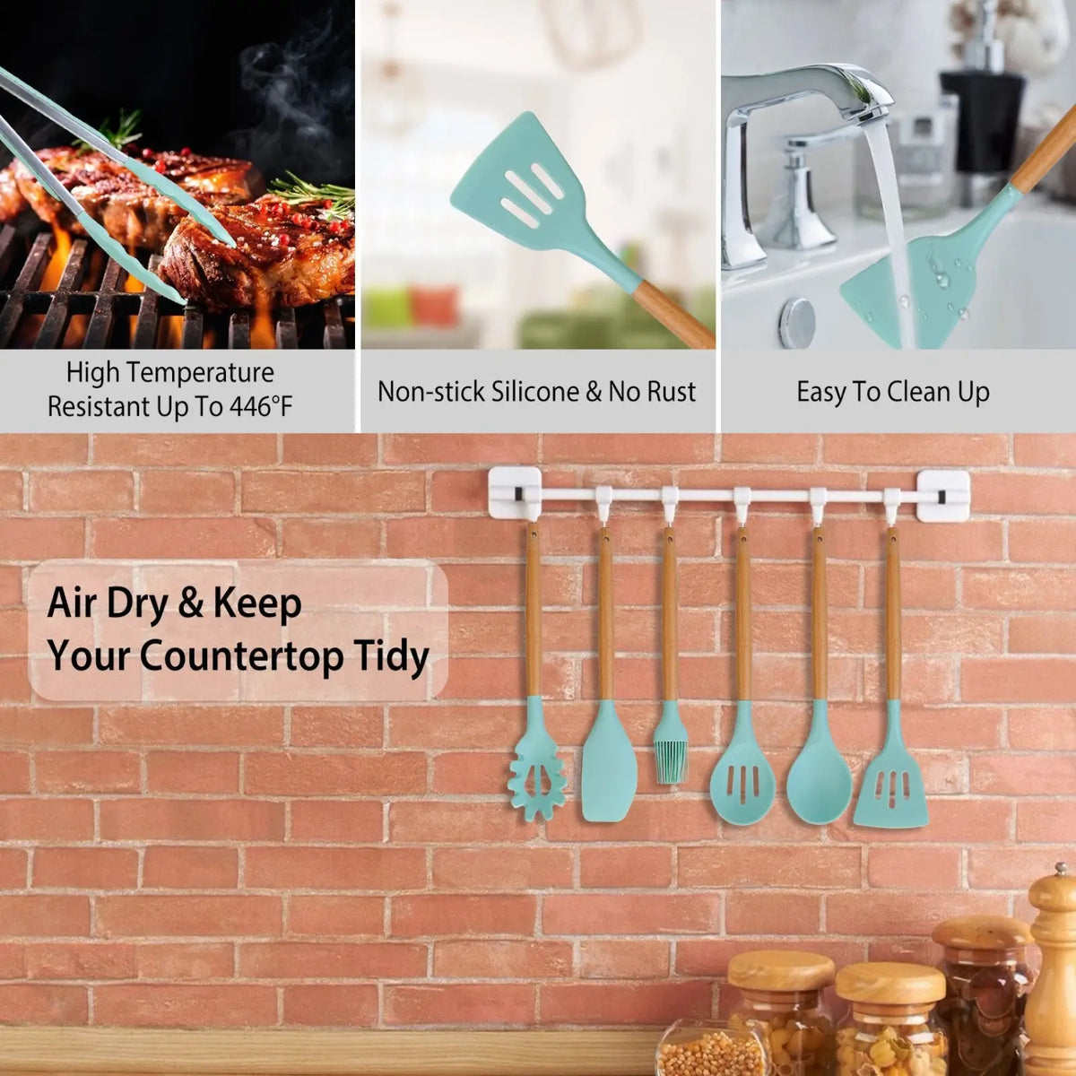 Silicone Cooking Utensil Set 11pc with Wood Handles