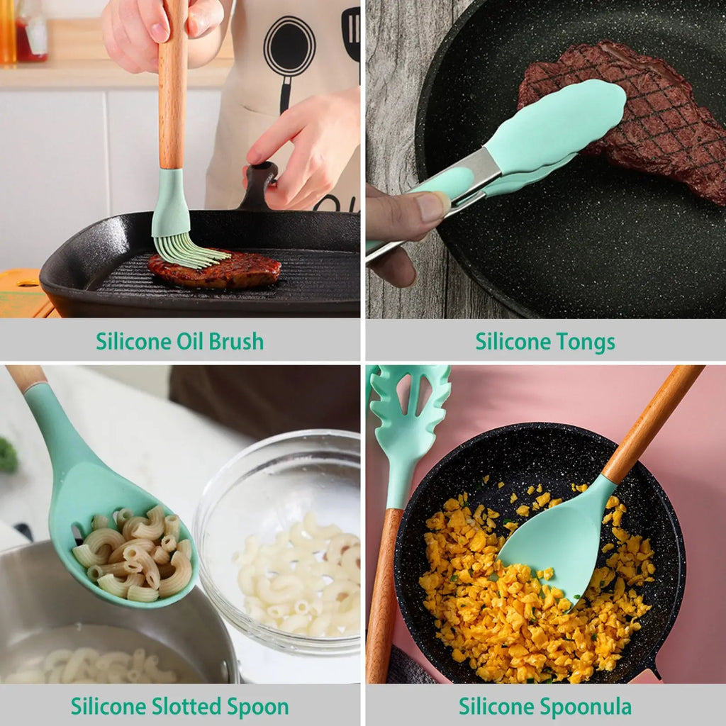 Silicone Cooking Utensil Set 11pc with Wood Handles