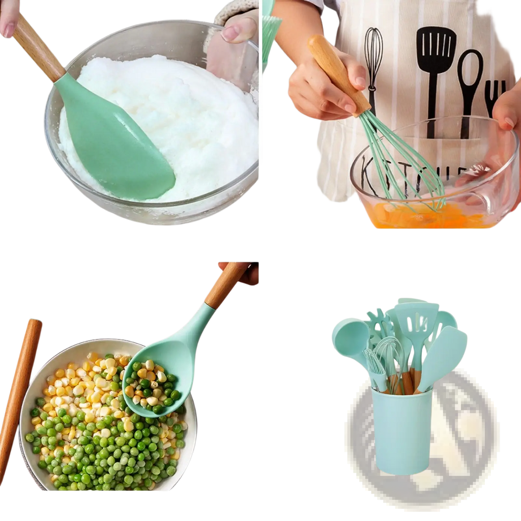 Silicone Cooking Utensil Set 11pc with Wood Handles