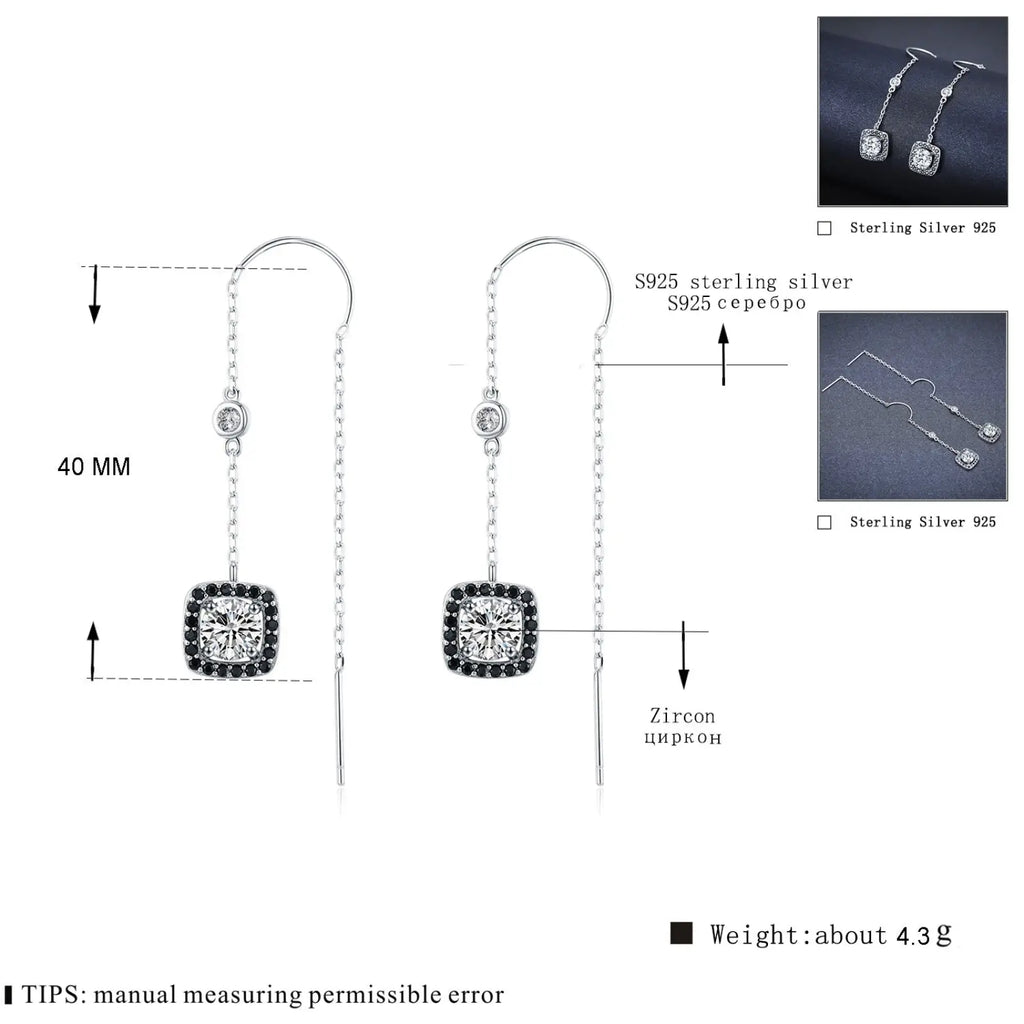 Silver Plated Zircon Square Drop Earrings with Black Stones