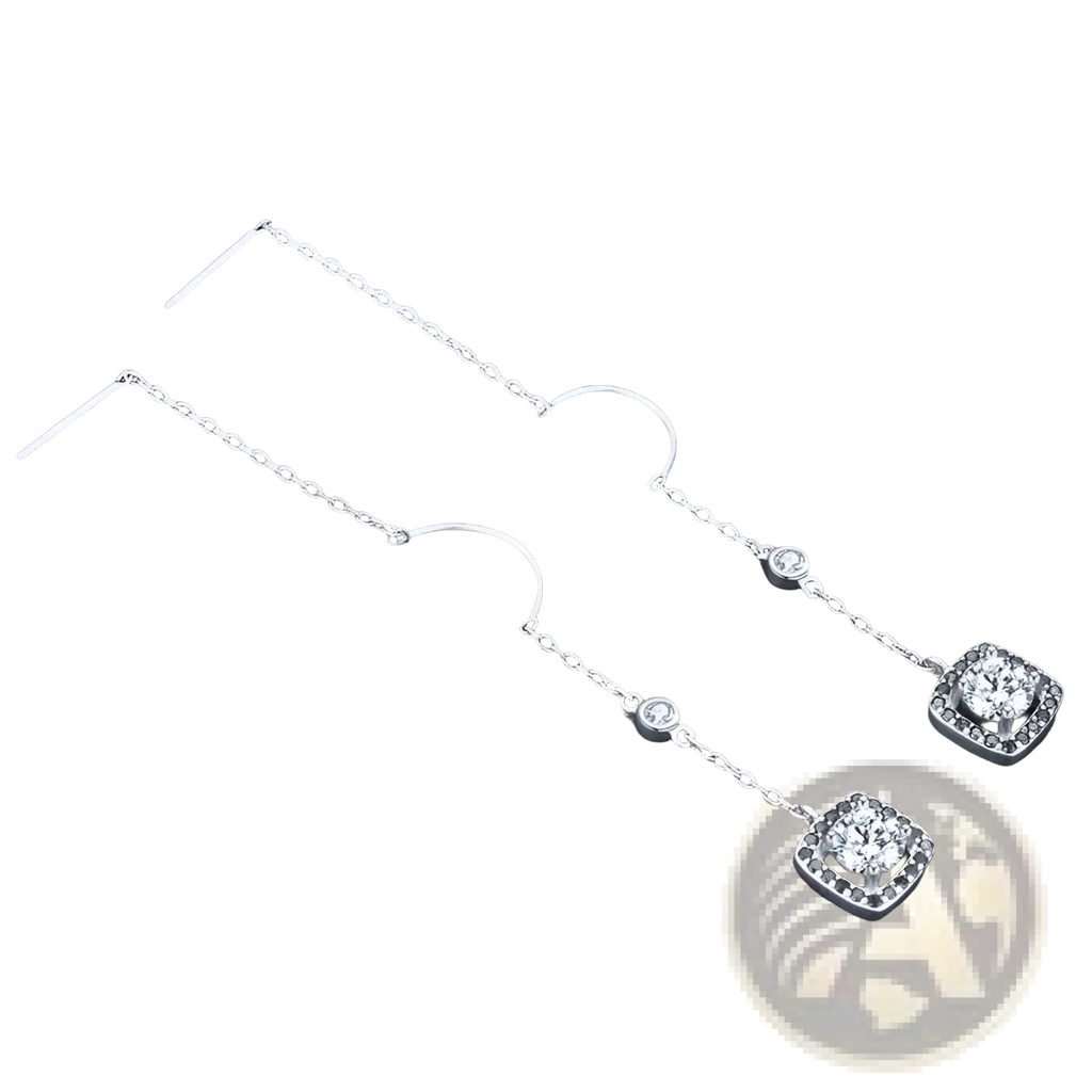 Silver Plated Zircon Square Drop Earrings with Black Stones