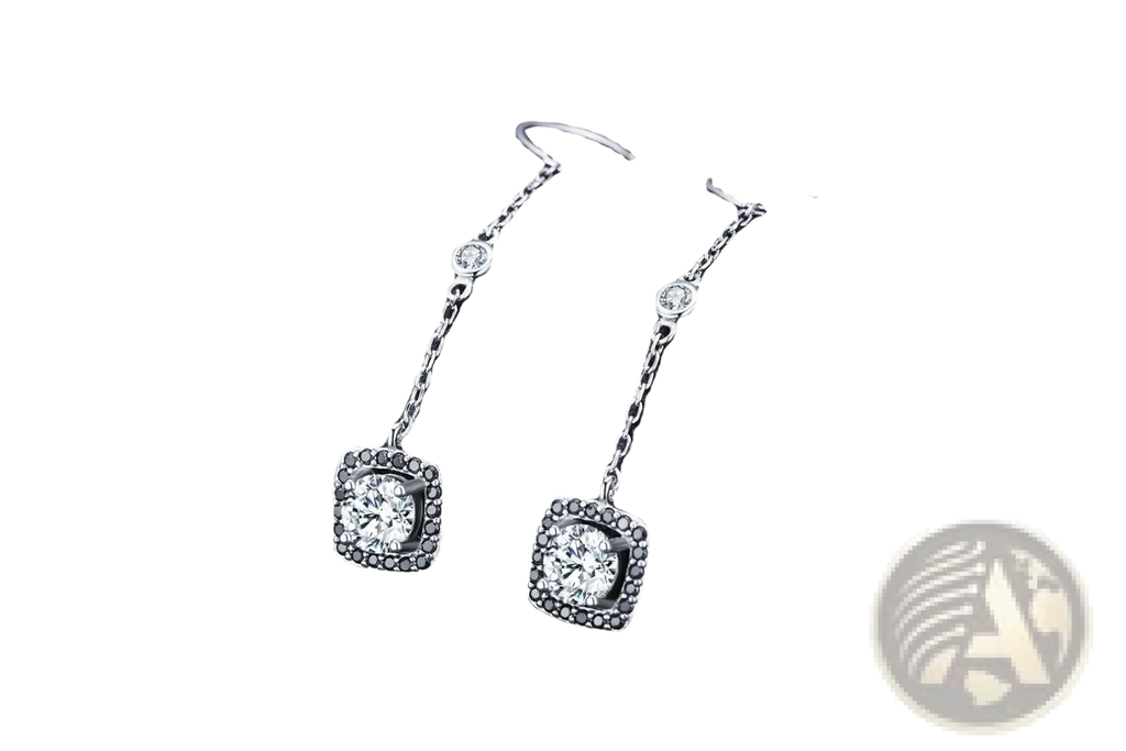 Silver Plated Zircon Square Drop Earrings with Black Stones