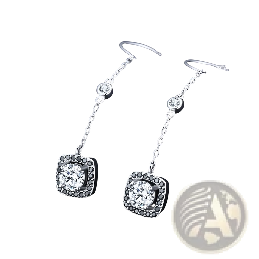 Silver Plated Zircon Square Drop Earrings with Black Stones