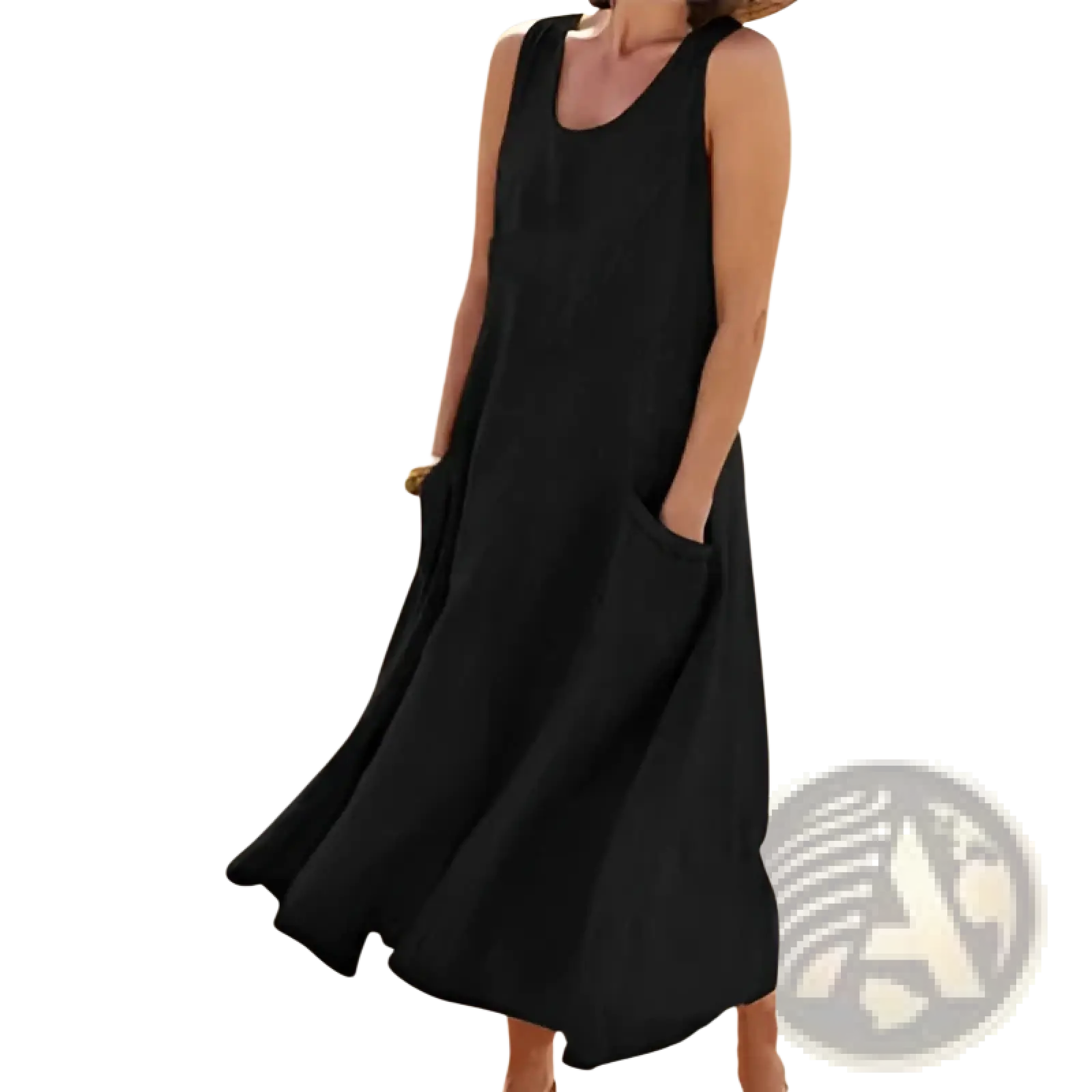 Sleeveless Linen A-line Maxi Dress with Pockets