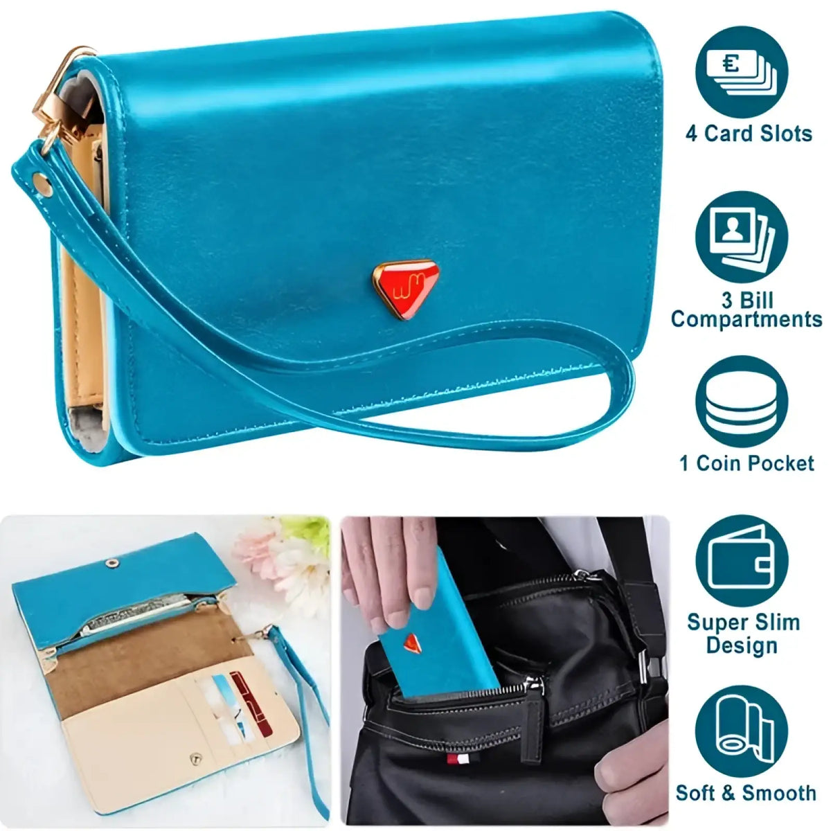 Slim Metallic Pu Leather Wristlet Wallet and Card Holder