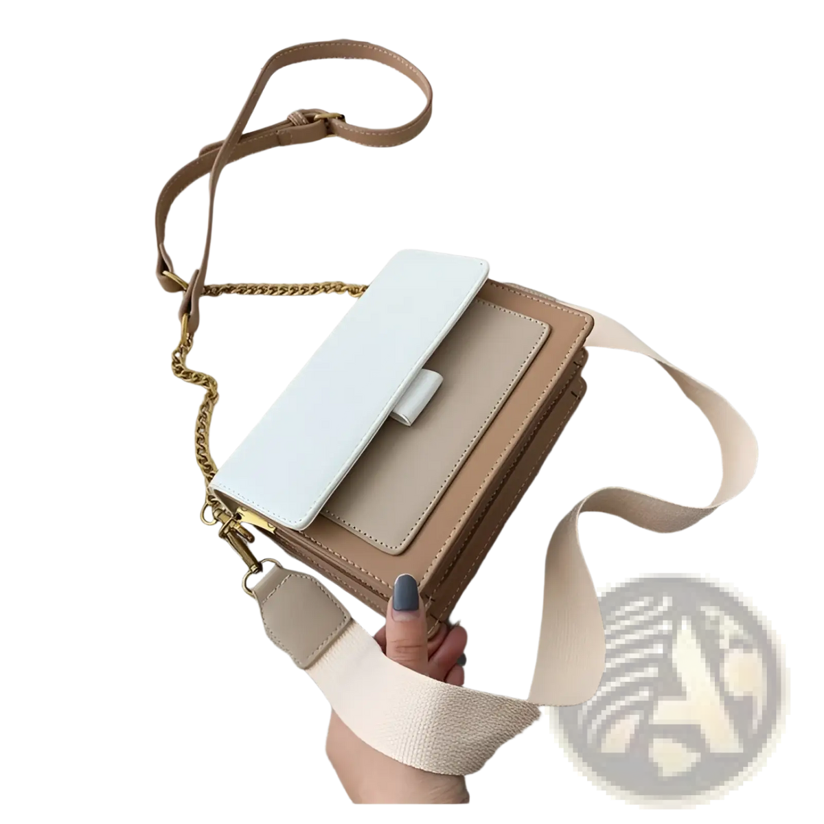 Square Crossbody Bag Two-tone Faux Leather Gold Chain