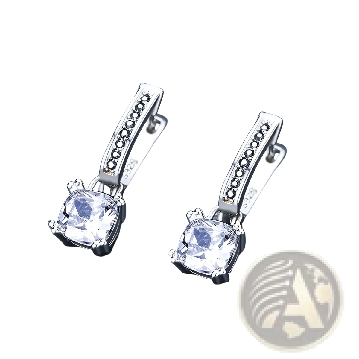 Square Zircon and Black Diamond Silver Drop Earrings