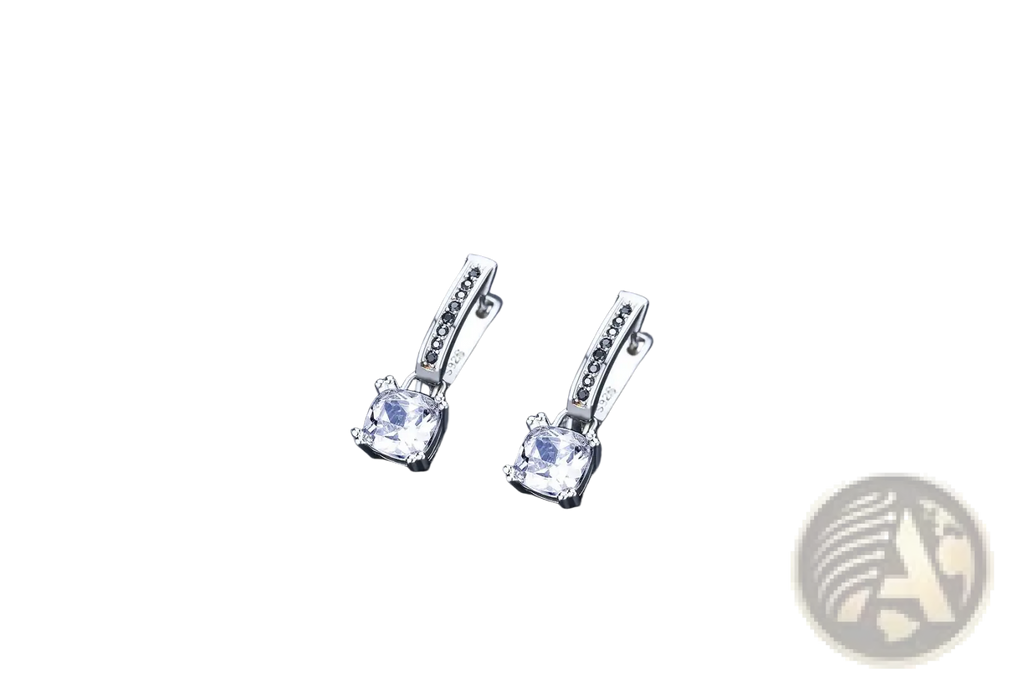 Square Zircon and Black Diamond Silver Drop Earrings