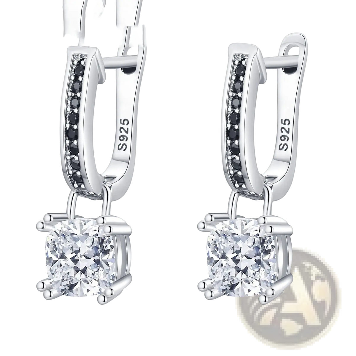 Square Zircon and Black Diamond Silver Drop Earrings