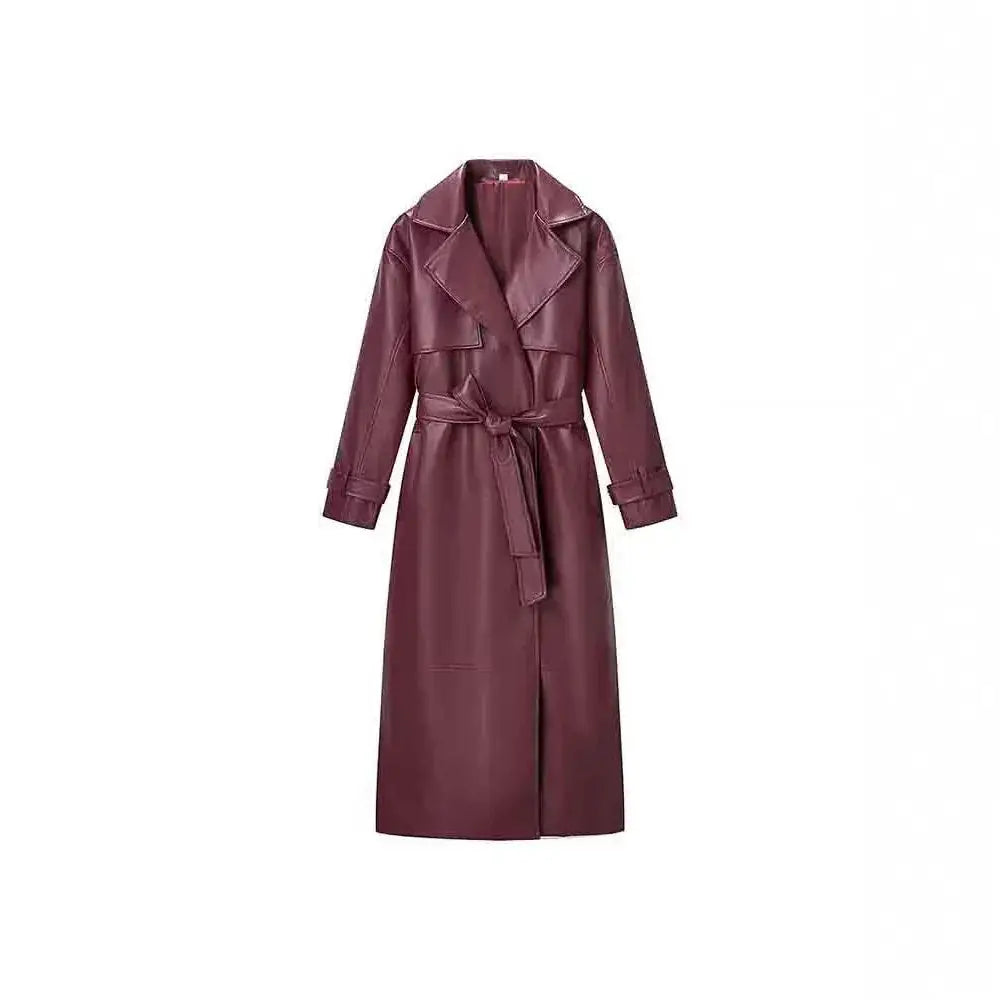Burgundy Belted Faux Leather Trench Jacket