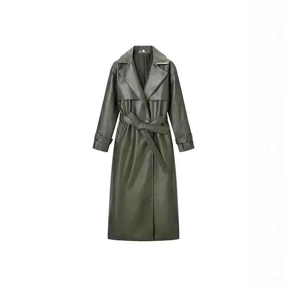 Burgundy Belted Faux Leather Trench Jacket