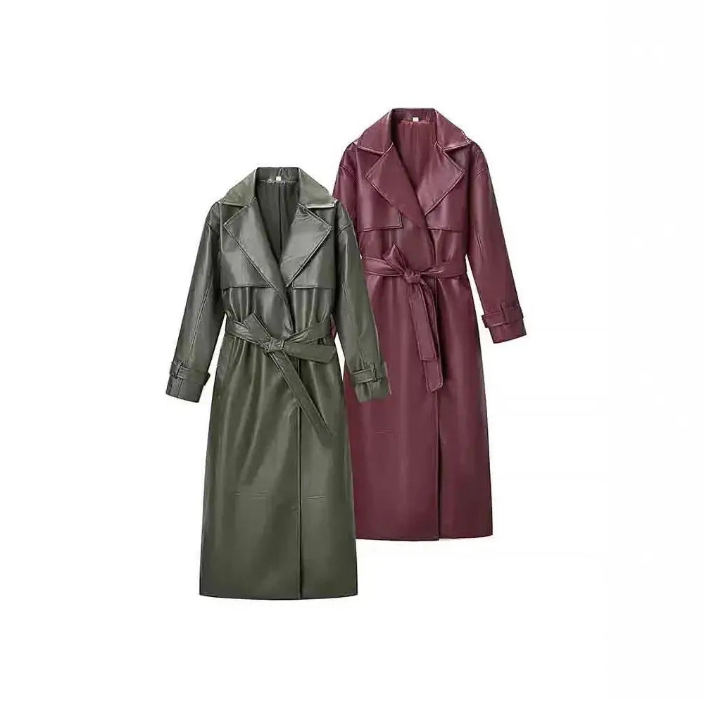 Burgundy Belted Faux Leather Trench Jacket