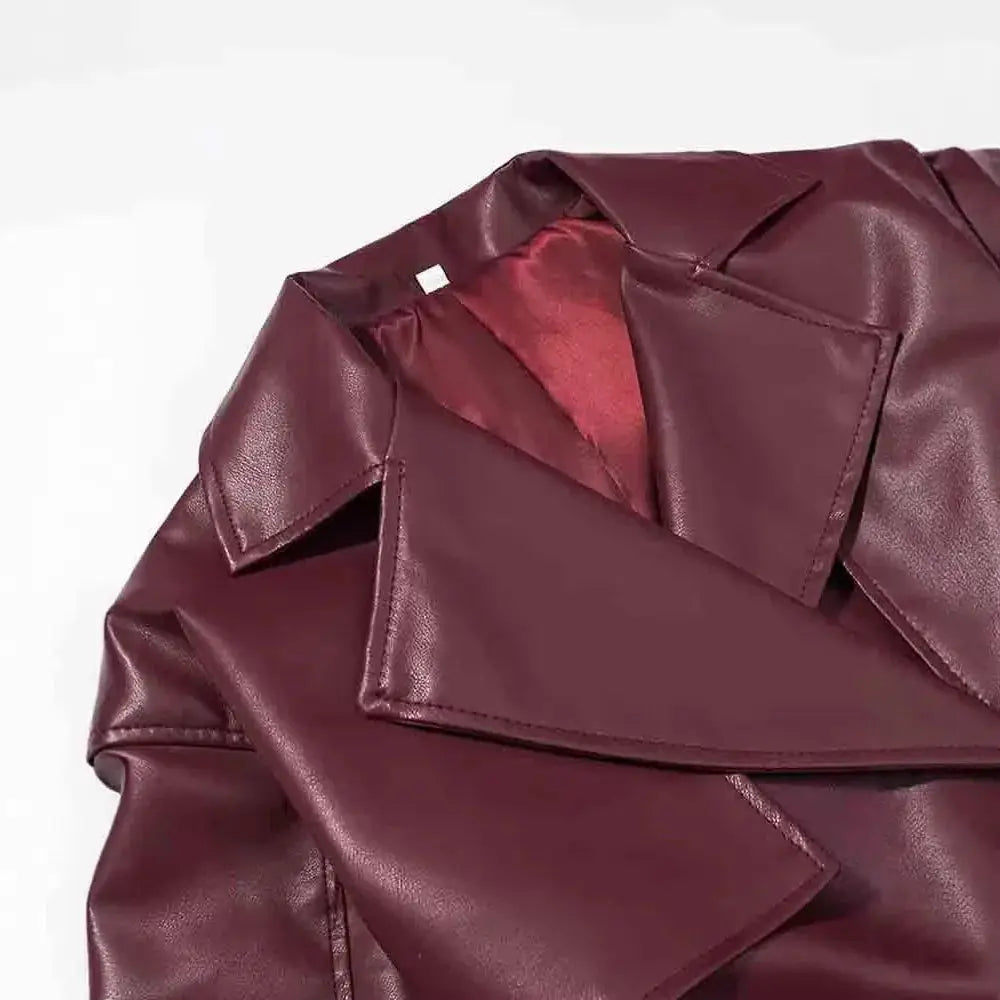 Burgundy Belted Faux Leather Trench Jacket