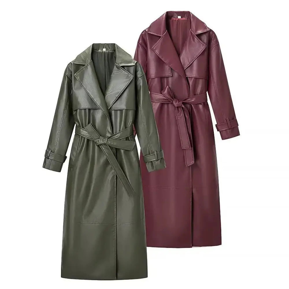 Burgundy Belted Faux Leather Trench Jacket