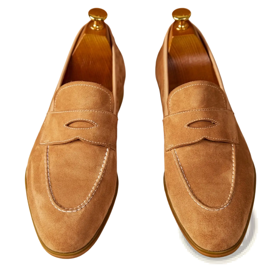 Tan Suede Penny Loafers with White Contrast Stitching