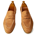 Tan Suede Penny Loafers with White Contrast Stitching