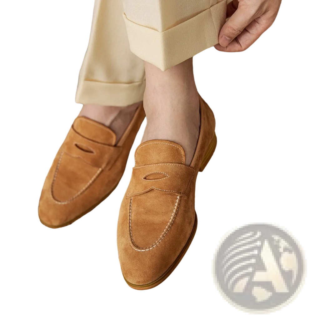 Tan Suede Penny Loafers with White Contrast Stitching