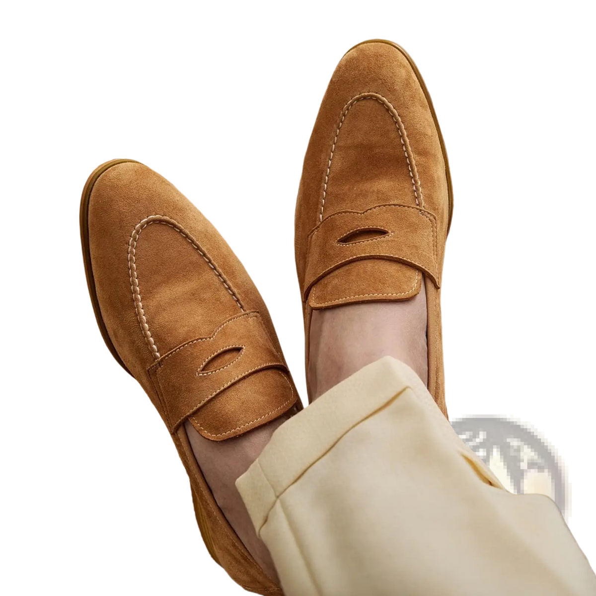 Tan Suede Penny Loafers with White Contrast Stitching
