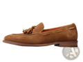 Tan Suede Tassel Loafers with Stitched Rubber Sole