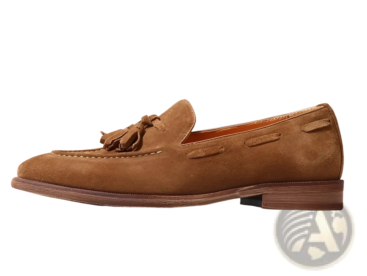 Tan Suede Tassel Loafers with Stitched Rubber Sole