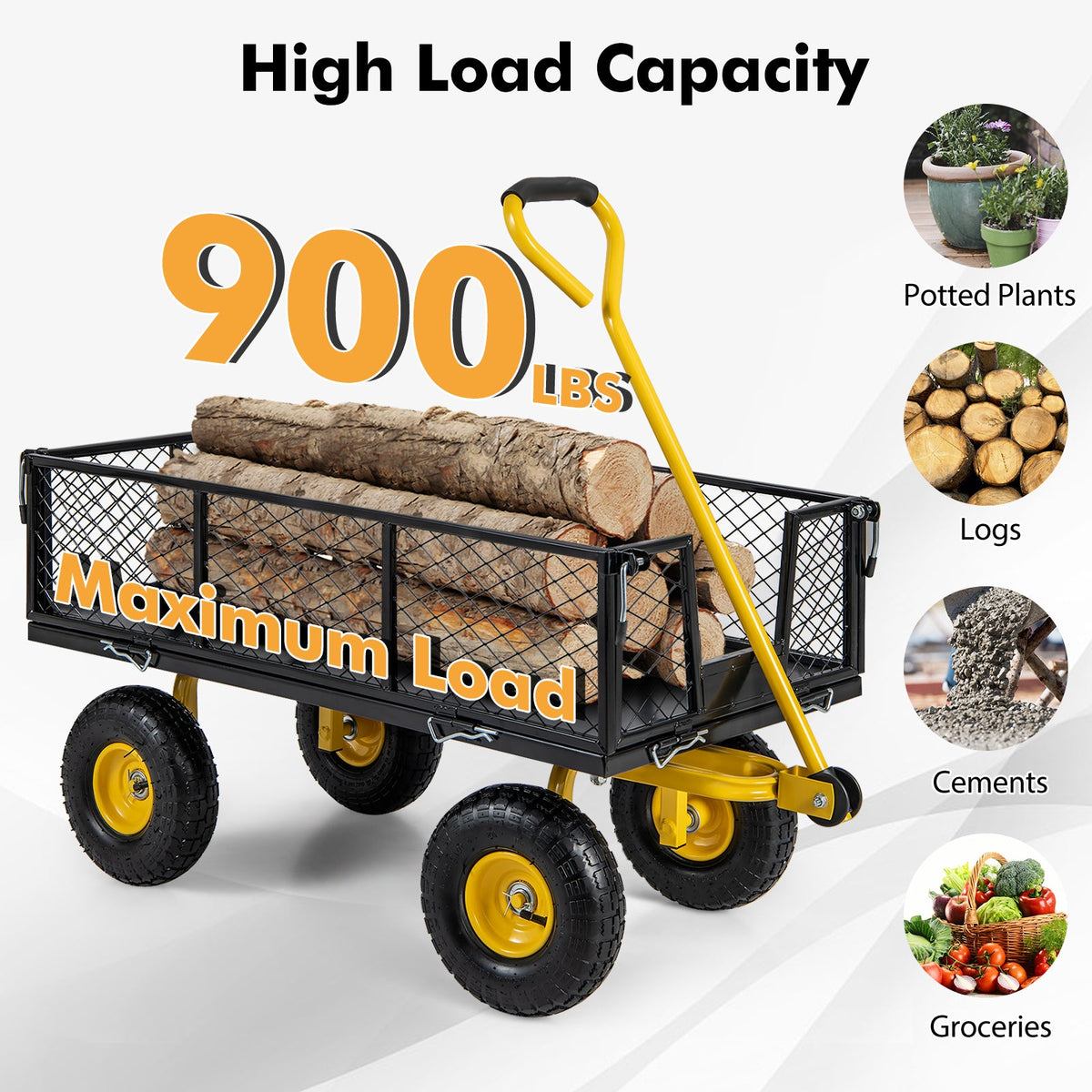 Utility Garden Wagon with 4 Removable Side Panels and 900/1200 LBS Load Capacity