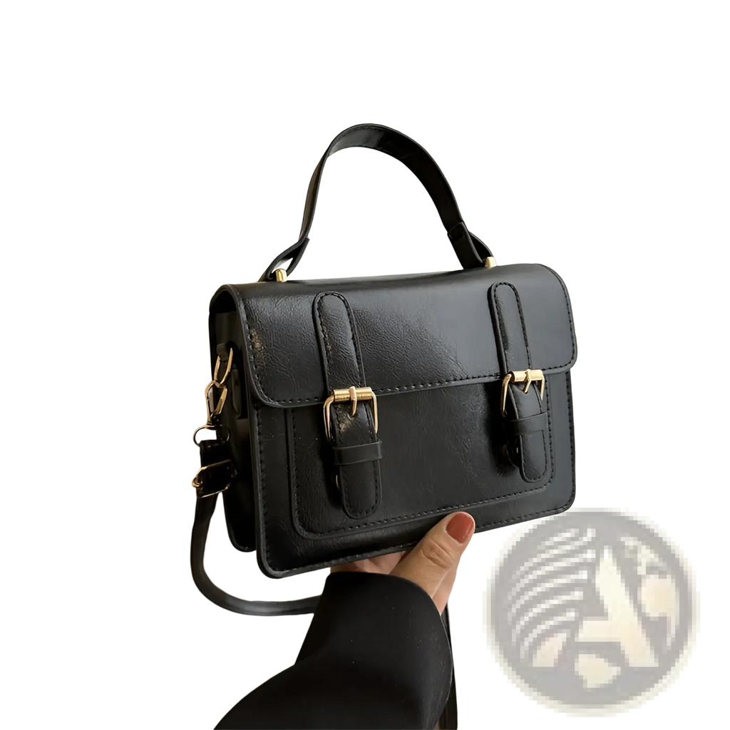 Vintage Faux Leather Satchel with Gold Buckles