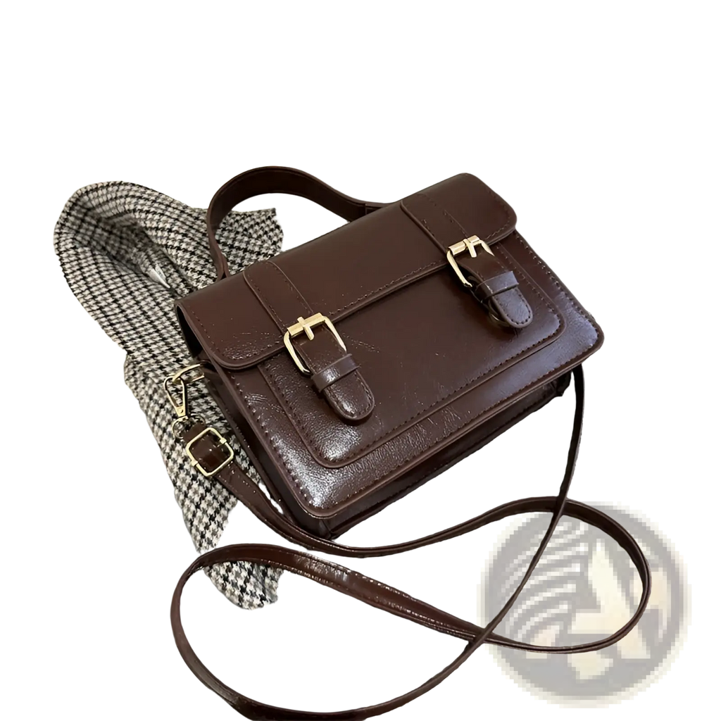 Vintage Faux Leather Satchel with Gold Buckles
