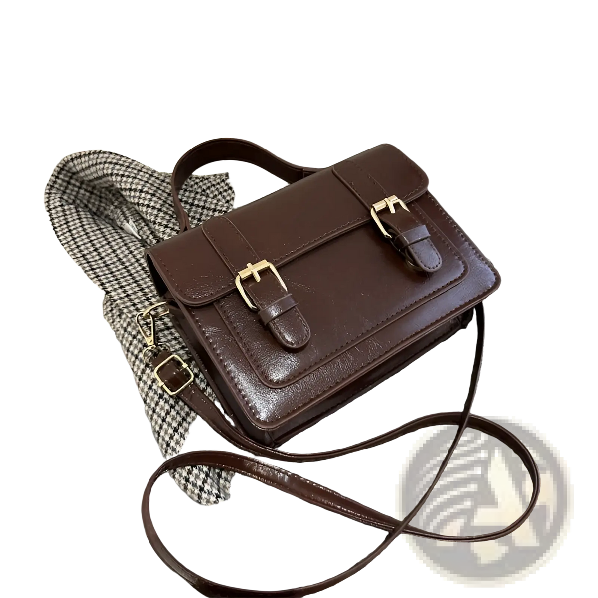Vintage Faux Leather Satchel with Gold Buckles