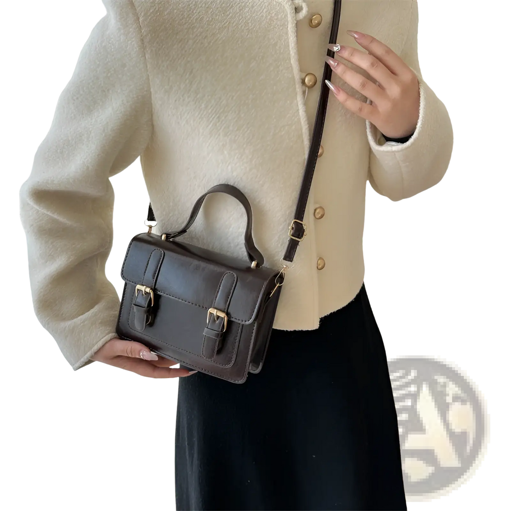 Vintage Faux Leather Satchel with Gold Buckles