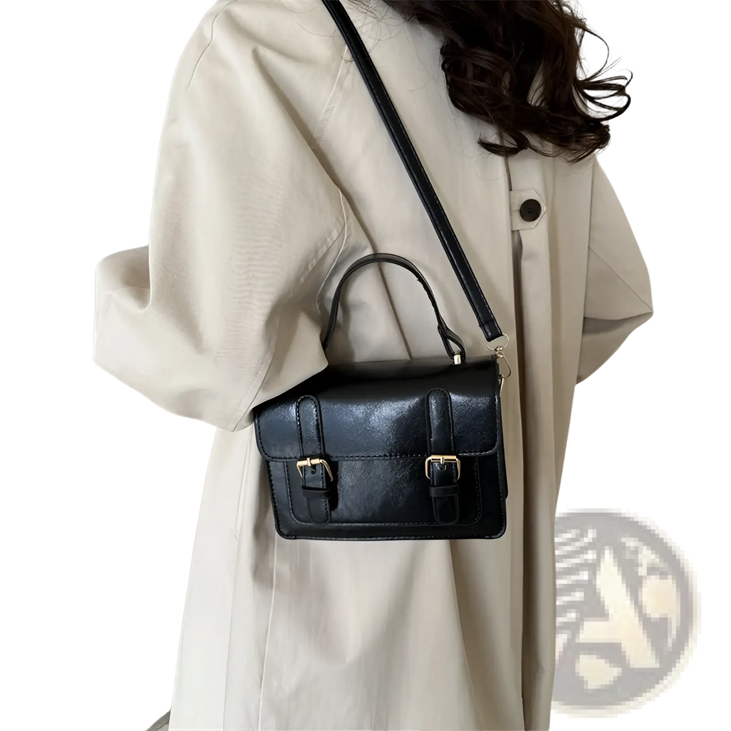 Vintage Faux Leather Satchel with Gold Buckles