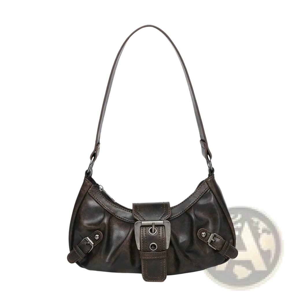 Vintage Leather Shoulder Bag with Buckle Details