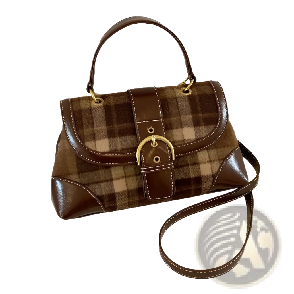 Vintage Plaid Crossbody Bag with Leather Trim